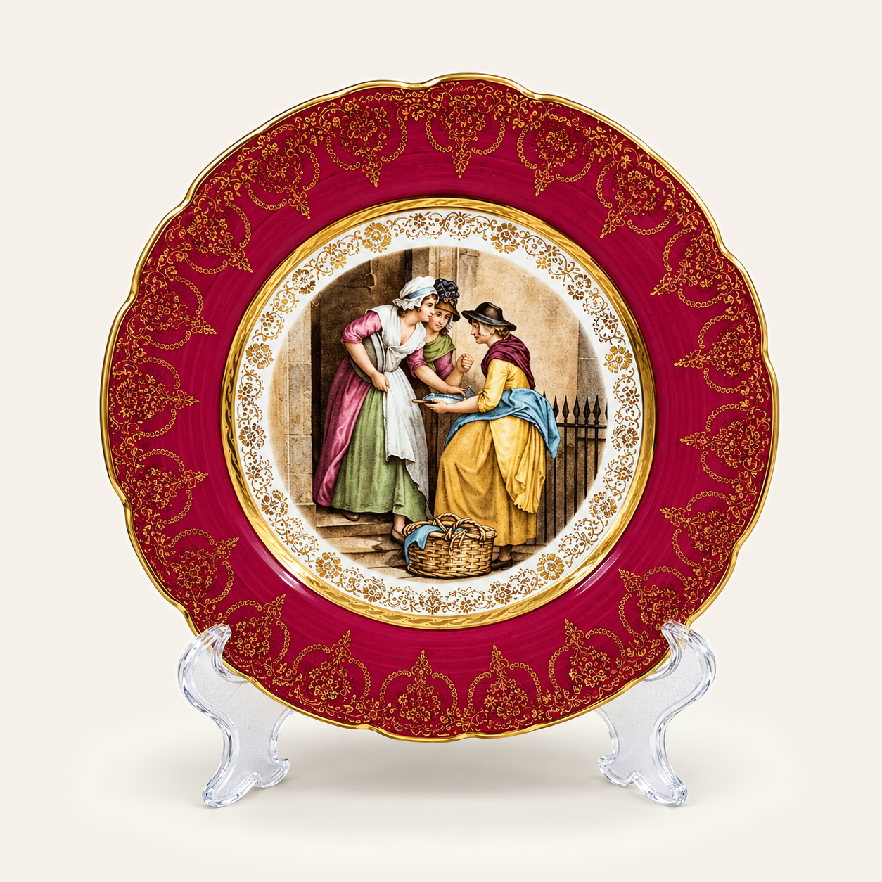 Assiette rouge à scène galante