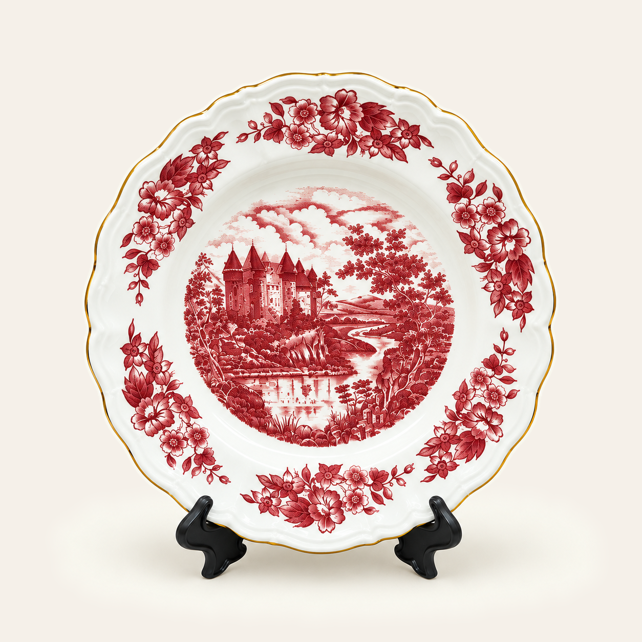 Assiette rouge à décor de château