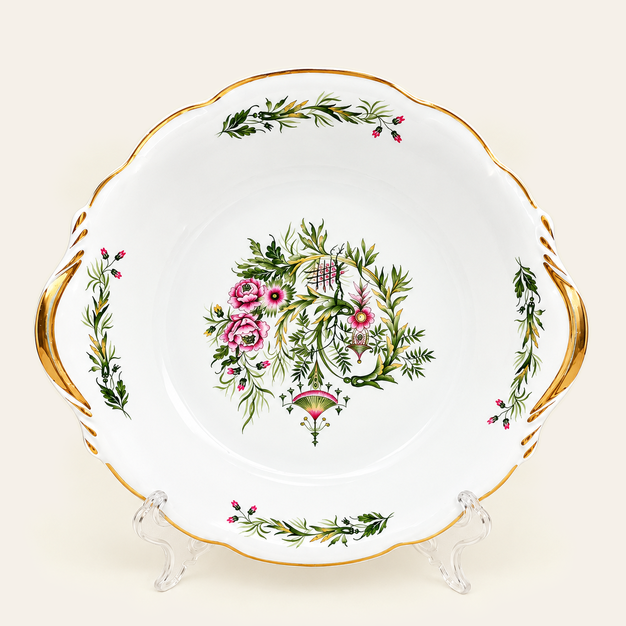 Plat à anses à fleurs roses